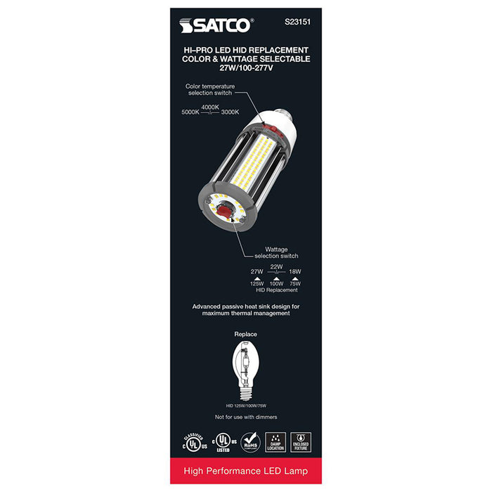 Satco S23151 27W/22W/18W LED HID, Corncob, 3CCT Selectable, EX39 Base, 100-277V, Type B