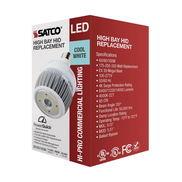 Satco S33112 60W/80W/100W LED HID, Hi-Bay, 4000K, EX39 Base, 120-277V, Type B