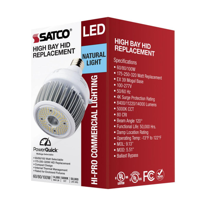Satco S33113 60W/80W/100W LED HID, Hi-Bay, 5000K, EX39 Base, 120-277V, Type B