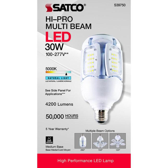 Satco S39750 30W LED HID Replacement, Corncob; 5000K; Medium Base; 120-277V; Type B; Adjustable Beam