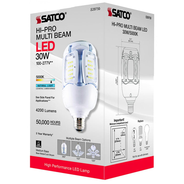 Satco S39750 30W LED HID Replacement, Corncob; 5000K; Medium Base; 120-277V; Type B; Adjustable Beam