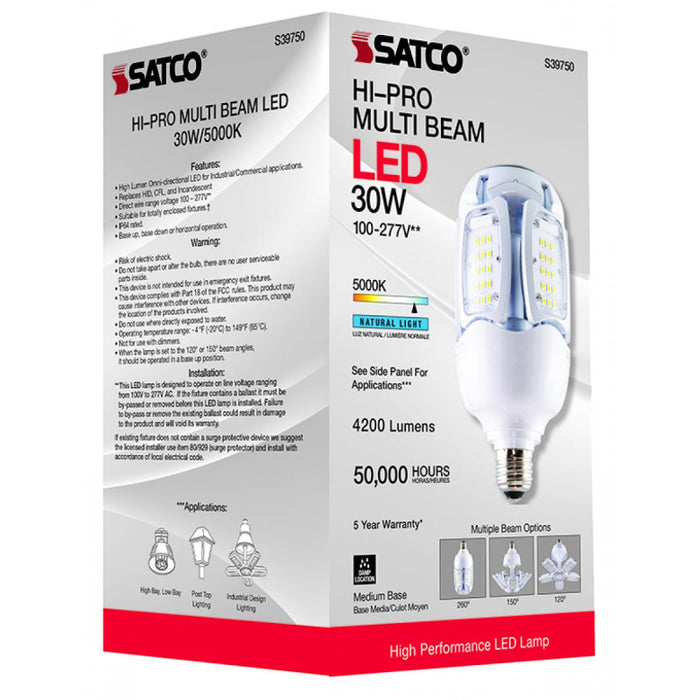 Satco S39750 30W LED HID Replacement, Corncob; 5000K; Medium Base; 120-277V; Type B; Adjustable Beam