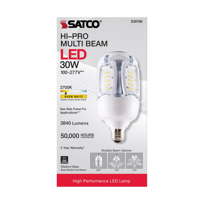 Satco S39768 30W LED HID Replacement, Corncob; 2700K; Medium Base; 120-277V; Type B; Adjustable Beam