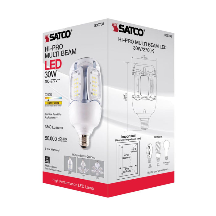 Satco S39768 30W LED HID Replacement, Corncob; 2700K; Medium Base; 120-277V; Type B; Adjustable Beam