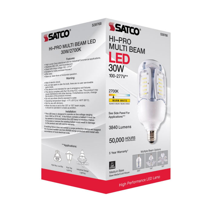 Satco S39768 30W LED HID Replacement, Corncob; 2700K; Medium Base; 120-277V; Type B; Adjustable Beam