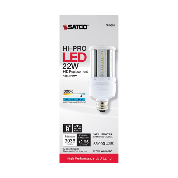 Satco S49391 22W LED HID Replacement; 5000K; Medium base; 120-277V, Type B; Economy Hi-Pro