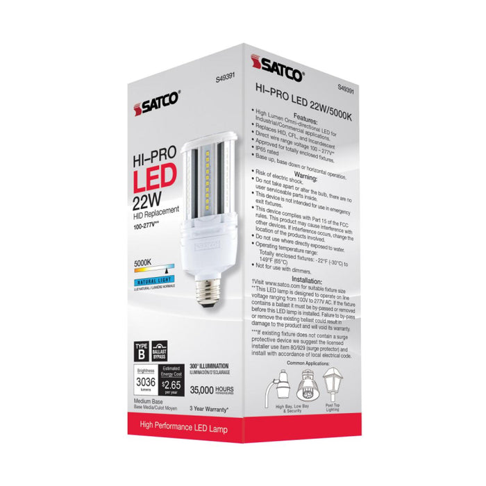 Satco S49391 22W LED HID Replacement; 5000K; Medium base; 120-277V, Type B; Economy Hi-Pro