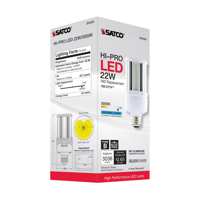 Satco S49391 22W LED HID Replacement; 5000K; Medium base; 120-277V, Type B; Economy Hi-Pro