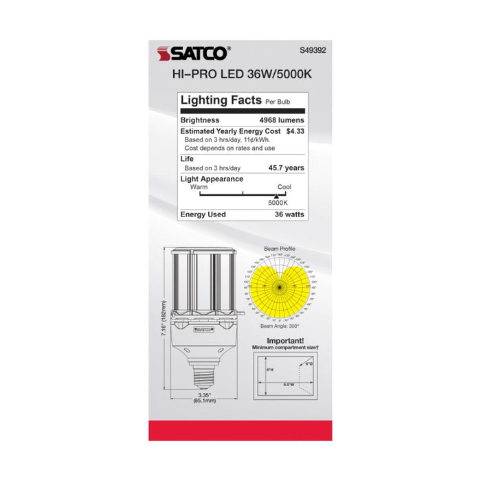 Satco S49392 36W LED HID Replacement; 5000K; Medium base; 100-277V, Type B; Economy Hi-Pro