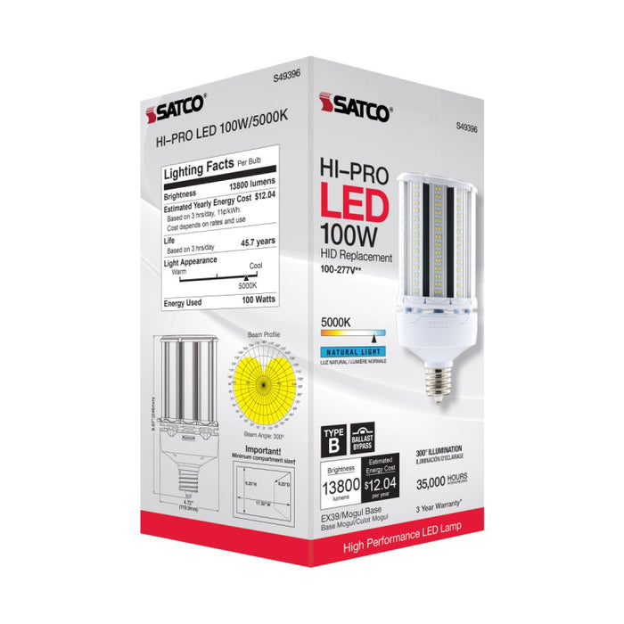 Satco S49396 100WLED HID Replacement; Corncob; 5000K; Mogul Extended Base; 100-277V; Type B