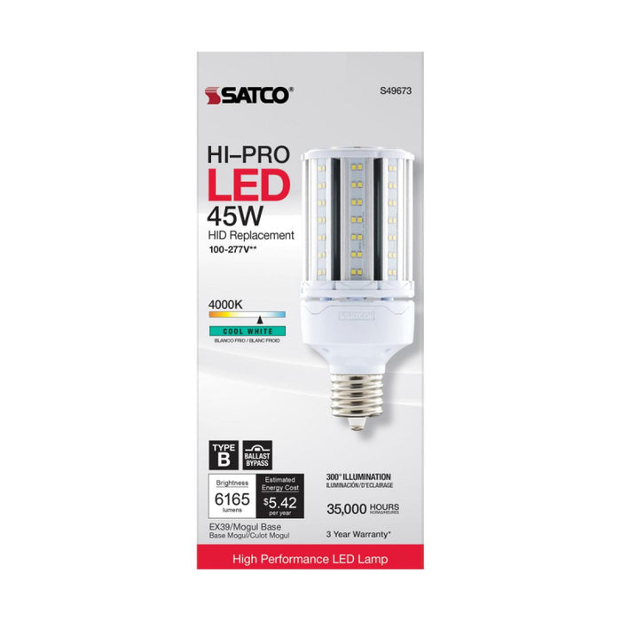 Satco S49673 45W LED HID Replacement; 4000K; Extended Mogul base; 120-277V, Type B; Economy Hi-Pro