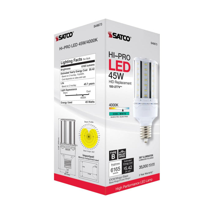 Satco S49673 45W LED HID Replacement; 4000K; Extended Mogul base; 120-277V, Type B; Economy Hi-Pro