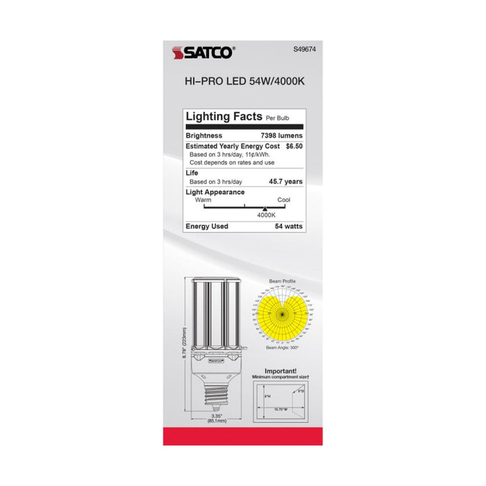 Satco S49674 54W LED HID Replacement; 4000K; Extended Mogul base; 120-277V, Type B; Economy Hi-Pro