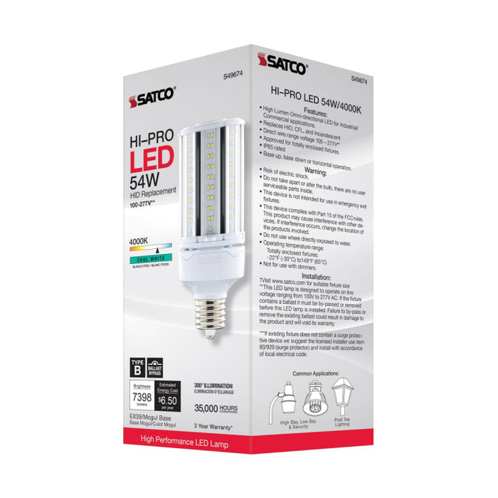Satco S49674 54W LED HID Replacement; 4000K; Extended Mogul base; 120-277V, Type B; Economy Hi-Pro