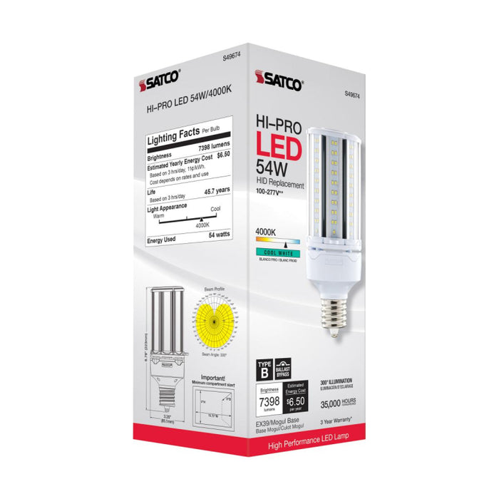 Satco S49674 54W LED HID Replacement; 4000K; Extended Mogul base; 120-277V, Type B; Economy Hi-Pro