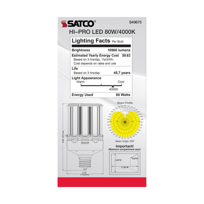Satco S49675 80W LED HID Replacement; 4000K; Extended Mogul base; 120-277V, Type B; Economy Hi-Pro