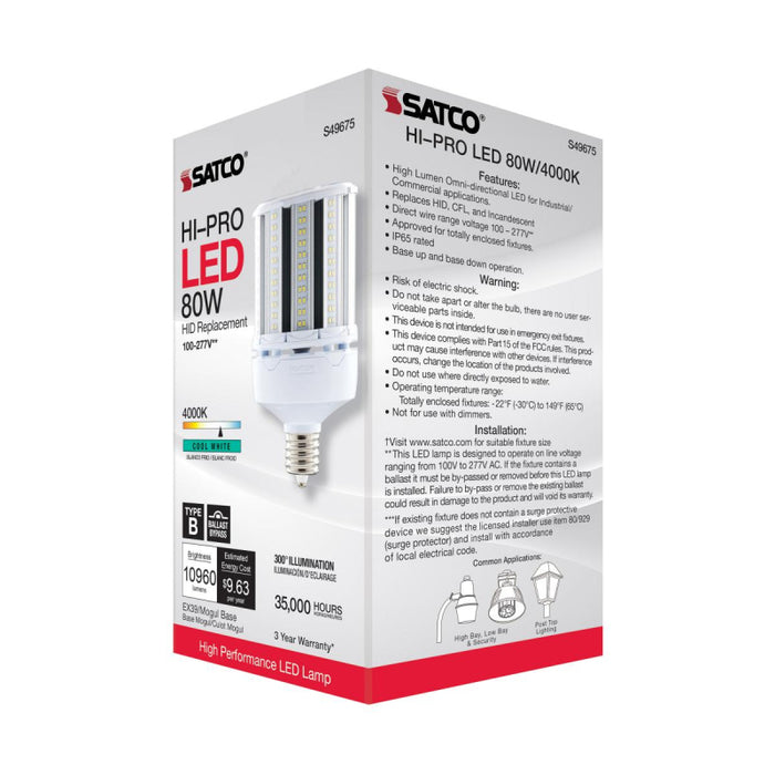 Satco S49675 80W LED HID Replacement; 4000K; Extended Mogul base; 120-277V, Type B; Economy Hi-Pro