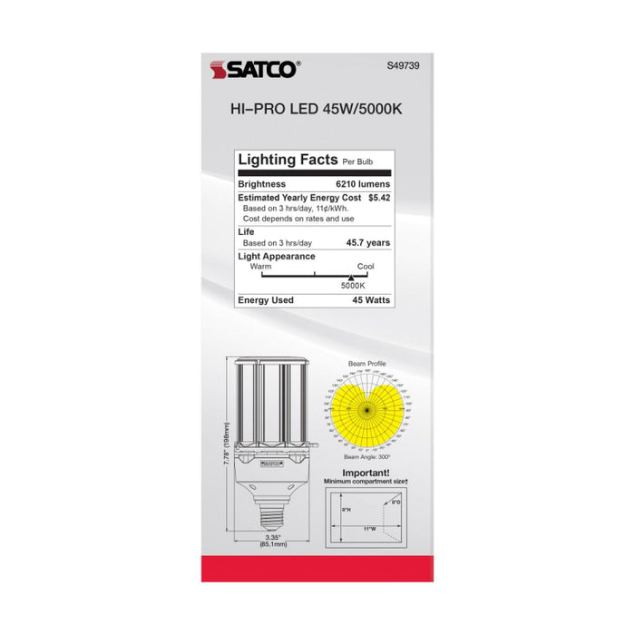 Satco S49739 45W LED HID Replacement; 5000K; Medium base; 120-277V, Type B; Economy Hi-Pro