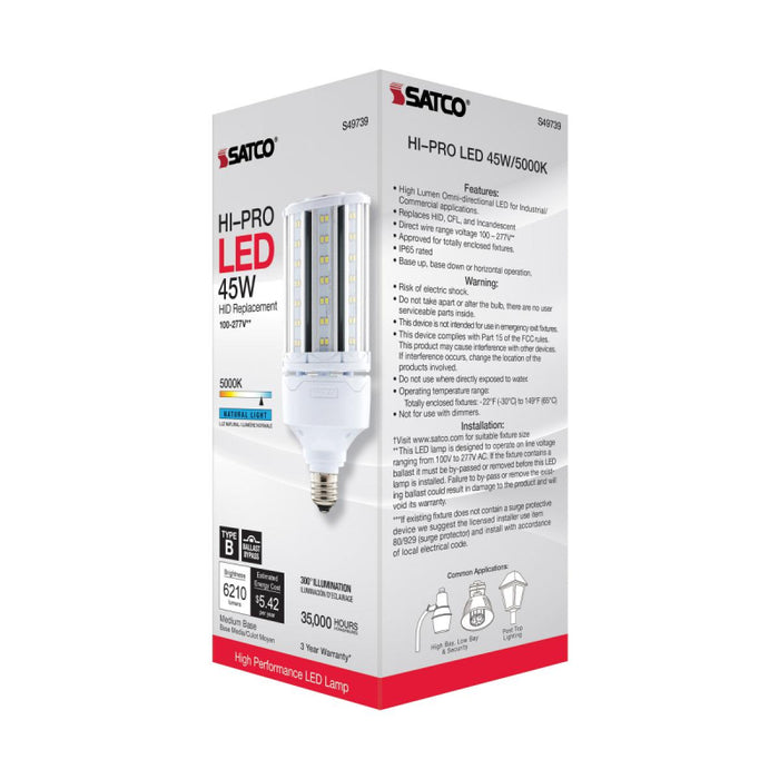 Satco S49739 45W LED HID Replacement; 5000K; Medium base; 120-277V, Type B; Economy Hi-Pro