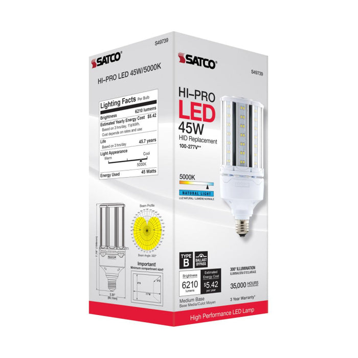 Satco S49739 45W LED HID Replacement; 5000K; Medium base; 120-277V, Type B; Economy Hi-Pro
