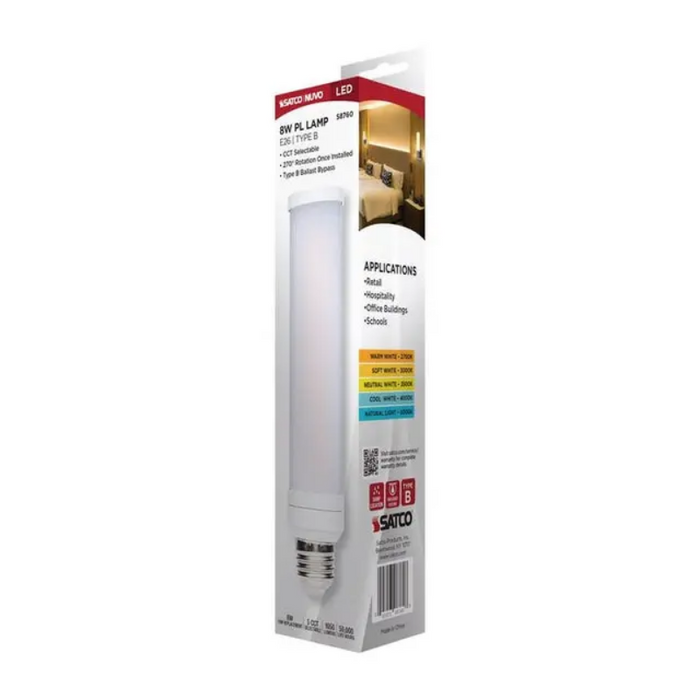 Satco S8760 8W PL LED Bulb, 5CCT Selectable, Medium Base, 120-277V, Type B