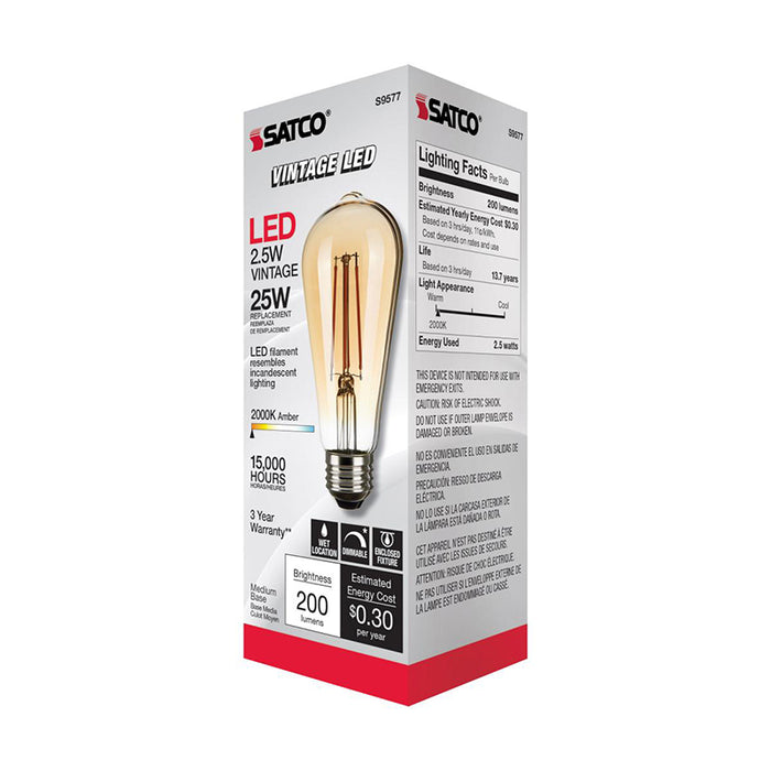 Satco S9577 2.5W LED Filament Bulb, ST19, 2000K, E26 Base, 120V