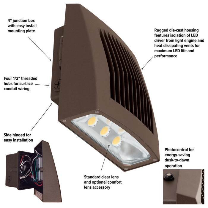 EXO SG2-50 Sling 51W LED Slender Wall Pack, 4000K 5526 Lumens, with Photocontrol, Dark Bronze,  120-277V