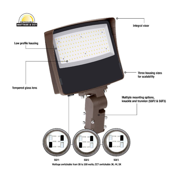 EXO SGF3 Sling 200W/280W/300W LED Flood Light w/ Photocell, 3CCT Selectable, 120-347V, Knuckle & Trunnion Mount