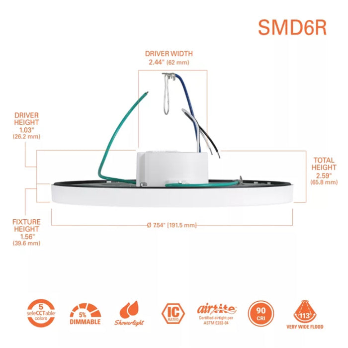 Halo SMD6R07FS5 6" LED Round Surface Mount, 800 lm, 5CCT Selectable, 120V