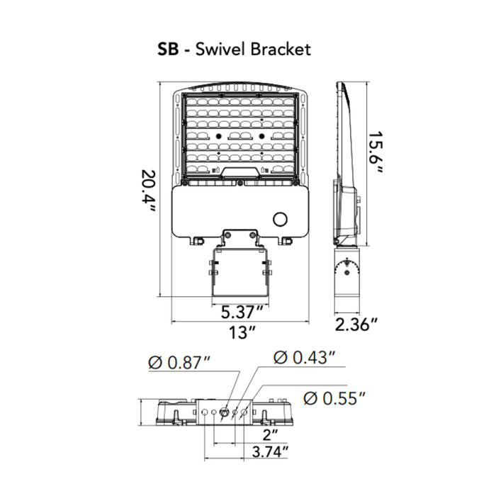 Rayon T321LEDB WS140 14" Skyline LED Area Light, 60W / 90W / 120W / 140W & 3CCT Selectable, Swivel Bracket