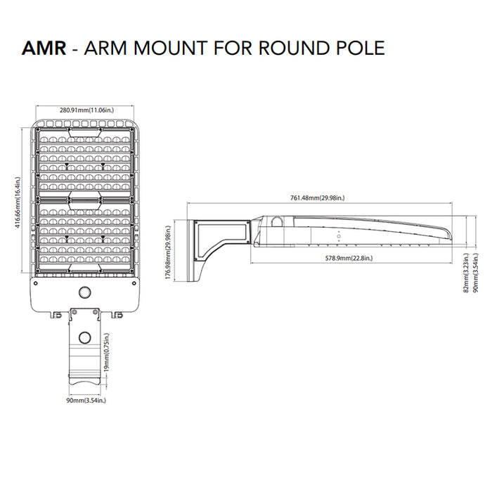 Rayon T322LEDB Series 22" Skyline LED Area Light, 160W / 240W / 320W / 400W & 3CCT Selectable, Type 3 Distribution, Arm Mount, Bronze Finish