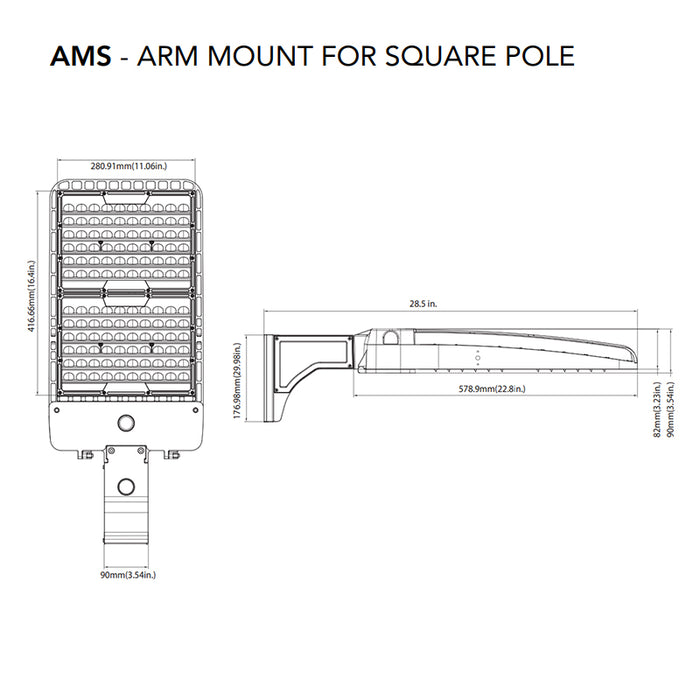 Rayon T322LEDB Series 22" Skyline LED Area Light, 160W / 240W / 320W / 400W & 3CCT Selectable, Type 3 Distribution, Arm Mount, Bronze Finish