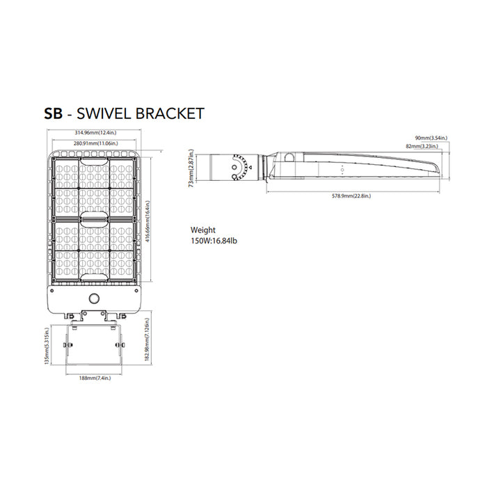Rayon T322LEDB WS400 Series 22" Skyline LED Area Light, 160W / 240W / 320W / 400W & 3CCT Selectable, Type 3 Distribution, Swivel Bracket, Bronze Finish