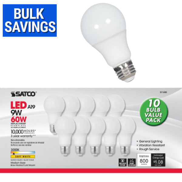 Satco S11401 9W A19 LED Bulb, E26 Base, 5000K, 10-Pack