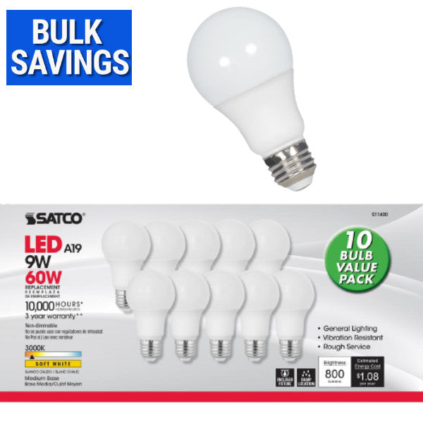 Satco S11410 9.5W A19 LED Bulb, E26 Base, 3000K, 10-Pack