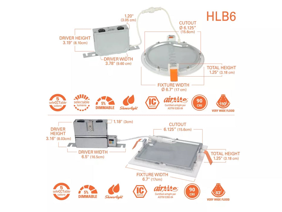 Halo HLB 6" Round Slim Low Glare Canless LED Downlight, 800/10001200 Lumens selectable , 2700K-5000K Selectab, Matte White, 120V