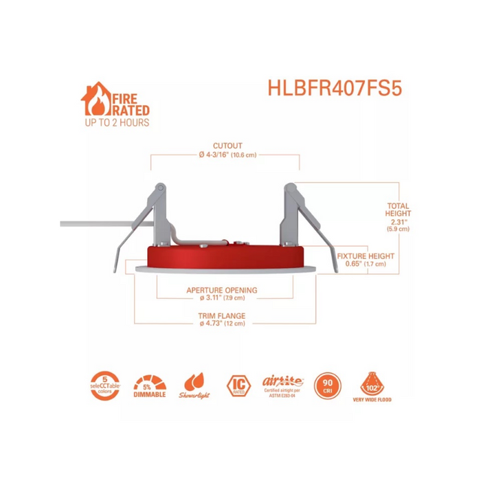 Halo HLBFR407FS5 4" Round Fire Rated Slim Low-Glare Canless LED Downlight, 5CCT Selectable, 120V
