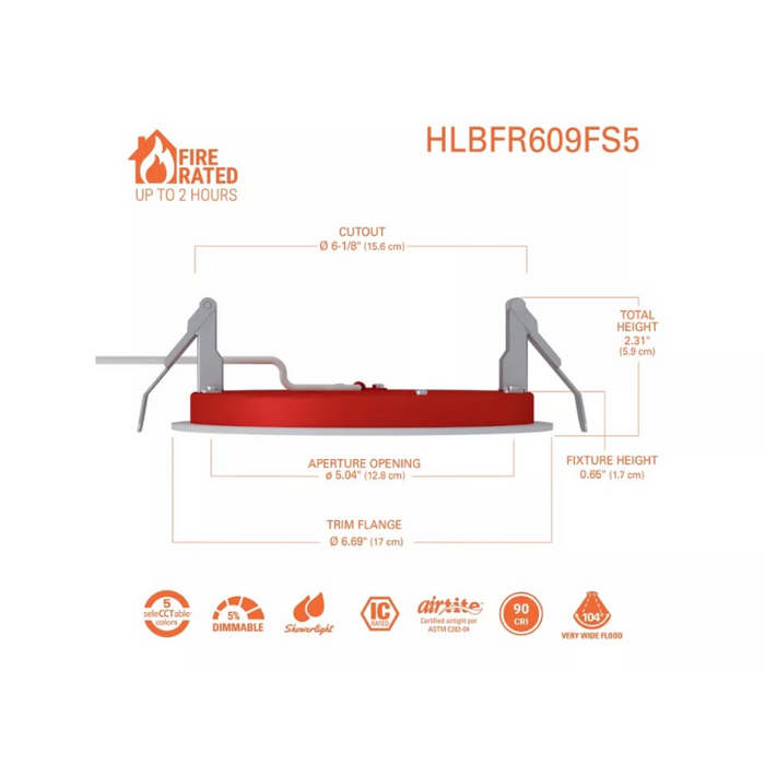 Halo HLBFR609FS5 6" Round Fire Rated Slim Low-Glare Canless LED Downlight, 5CCT Selectable, 120V