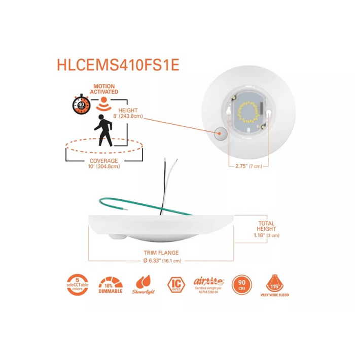 Halo HLCEMS 4" Surface Mount LED Disk Light with Integrated Motion Sensor, 5CCT Selectable, 1075 Lumens, 120V, Matte White