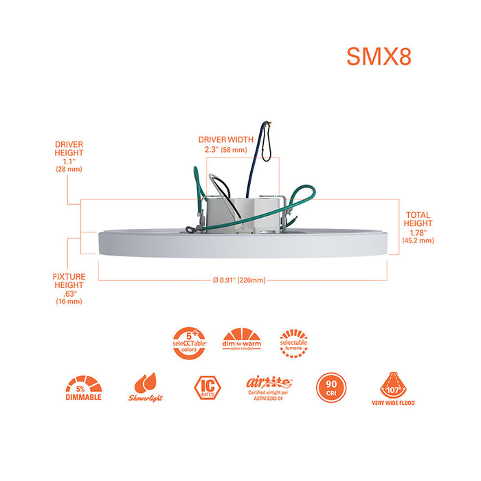 Halo SMX8RLSFSD2W 8" Round Surface Mount LED Downlight, 5CCT Selectable & Dim to Warm, 3 Lumens Selectable, 120V, Matte White