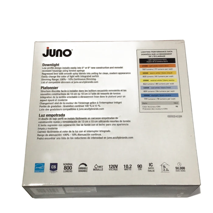 Juno Contractor Select RB56S SWW5 RetroBasics 5"/6" Switchable White LED Smooth Trim Kit, 5CCT Selectable, 860 Lumens, 120V