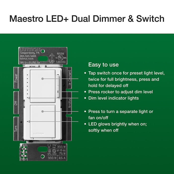 Lutron MACL-L3S25-WH Maestro LED+ 75W Dual Dimmer and Switch, Single Pole