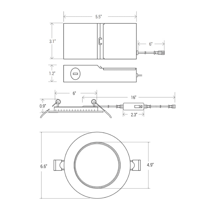 Elite RL679-CCT 6" Canless LED Round Baffle Slim , CCT Selectable 1100 Lumens, 120V