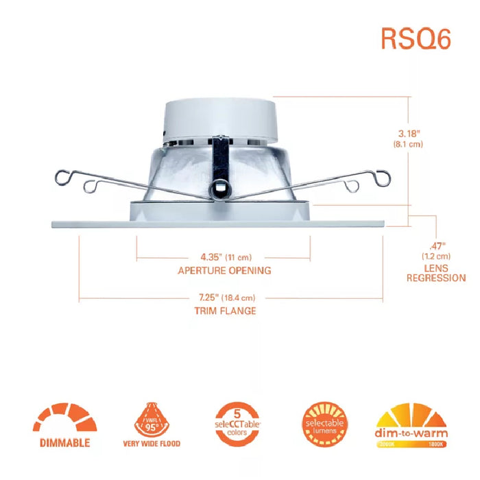 Halo RSQ6 6" LED Square Recessed Baffle Trim, 5CCT & 2 Lumens Selectable, 120V, 90 CRI, Dimming to 5%, Matte White
