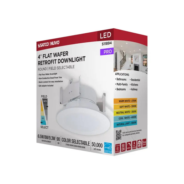 Satco S11894 4" Round 6.5W/8W/9.3W LED Flat Wafer Downlight Retrofit, 5CCT Selectable, Matte White Finish