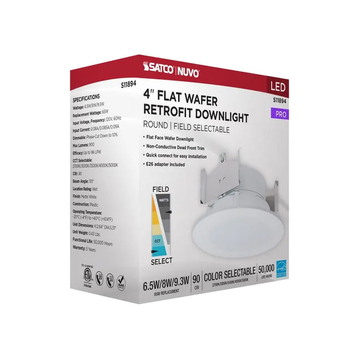 Satco S11894 4" Round 6.5W/8W/9.3W LED Flat Wafer Downlight Retrofit, 5CCT Selectable, Matte White Finish