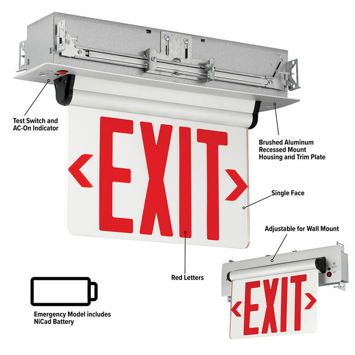 Compass CEL Series Edge-Lit LED Recessed Exit Sign with Battery - Double Face, Red Letters