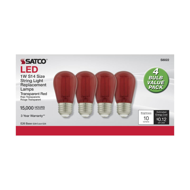 Satco S8022 1W S14 LED Filament Bulb, E26 Base, Red (Pack of 4)