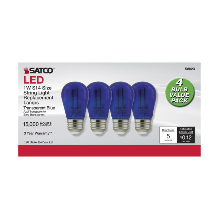 Satco S8023 1W S14 LED Filament Bulb, E26 Base, Blue (Pack of 4)