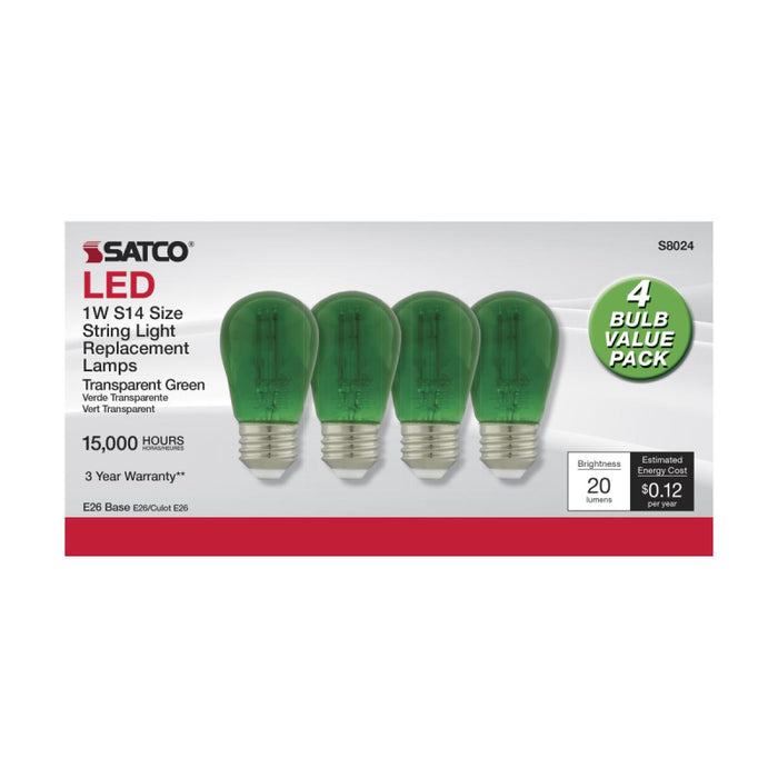 Satco S8024 1W S14 LED Filament Bulb, E26 Base, Green (Pack of 4)